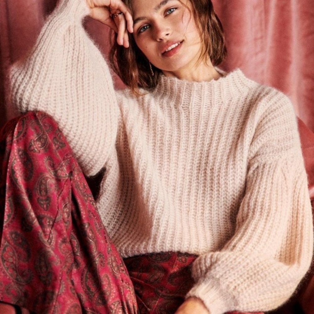 Sezane set baptisto trousers indian pink jacquard baby pink mohair sweater